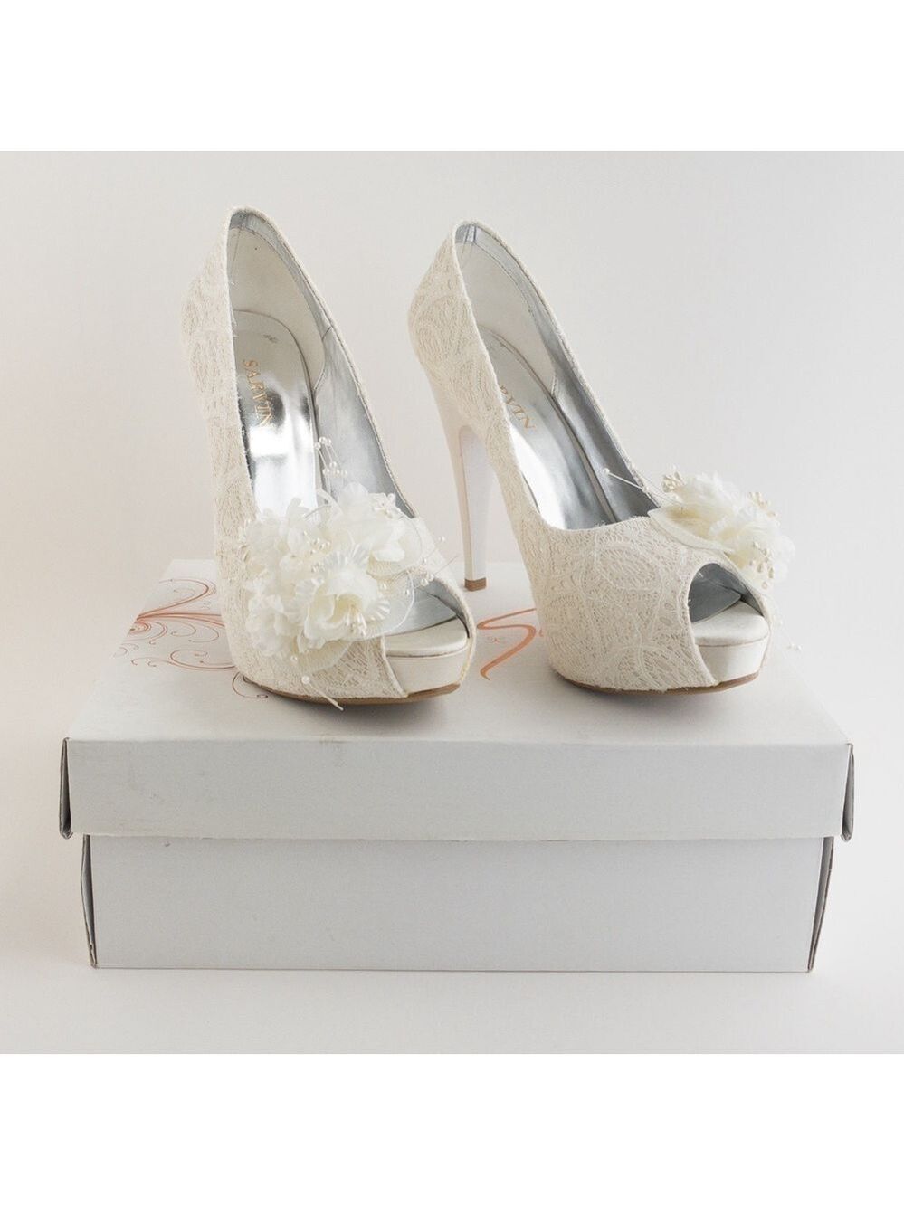 Satin Lace & Floral Bridal Heels Shoes Ivory White Peep Toe Womens Size 40